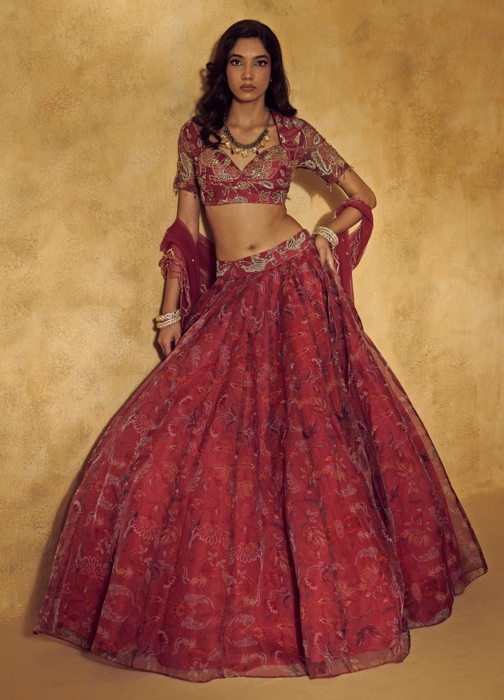 Rashika Sharma Maroon Red Floral Printed Organza Lehenga SetFabilicious Fashion