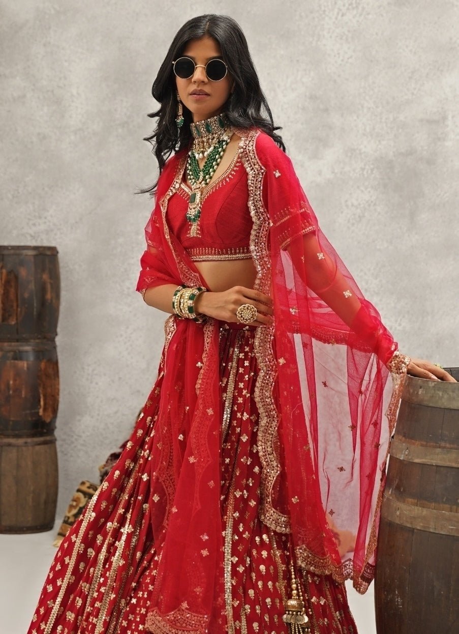 Maroon Red Georgette Lehenga Set Kapda Dori - Fabilicious Fashion