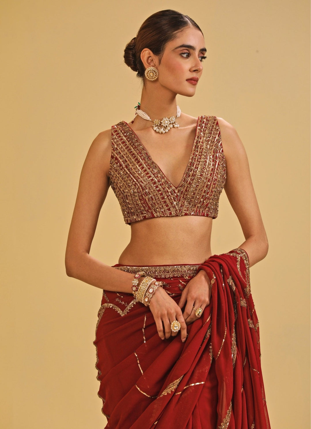 Esha Koul Maroon Red Georgette Saree SetFabilicious Fashion