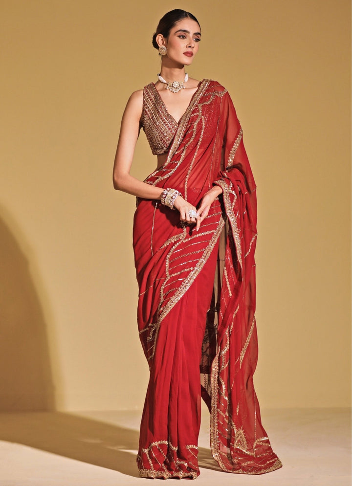 Esha Koul Maroon Red Georgette Saree SetFabilicious Fashion