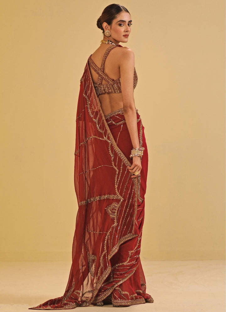 Esha Koul Maroon Red Georgette Saree SetFabilicious Fashion
