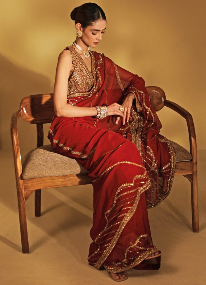 Esha Koul Maroon Red Georgette Saree SetFabilicious Fashion