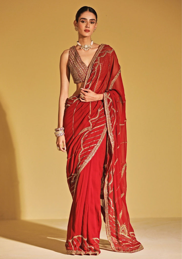 Esha Koul Maroon Red Georgette Saree SetFabilicious Fashion