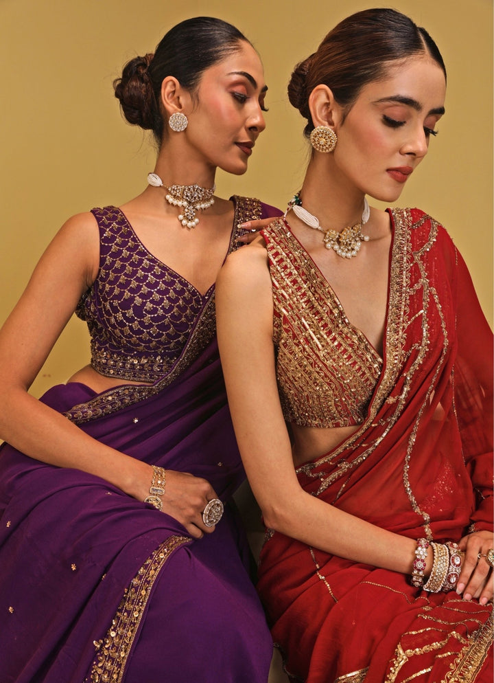Esha Koul Maroon Red Georgette Saree SetFabilicious Fashion