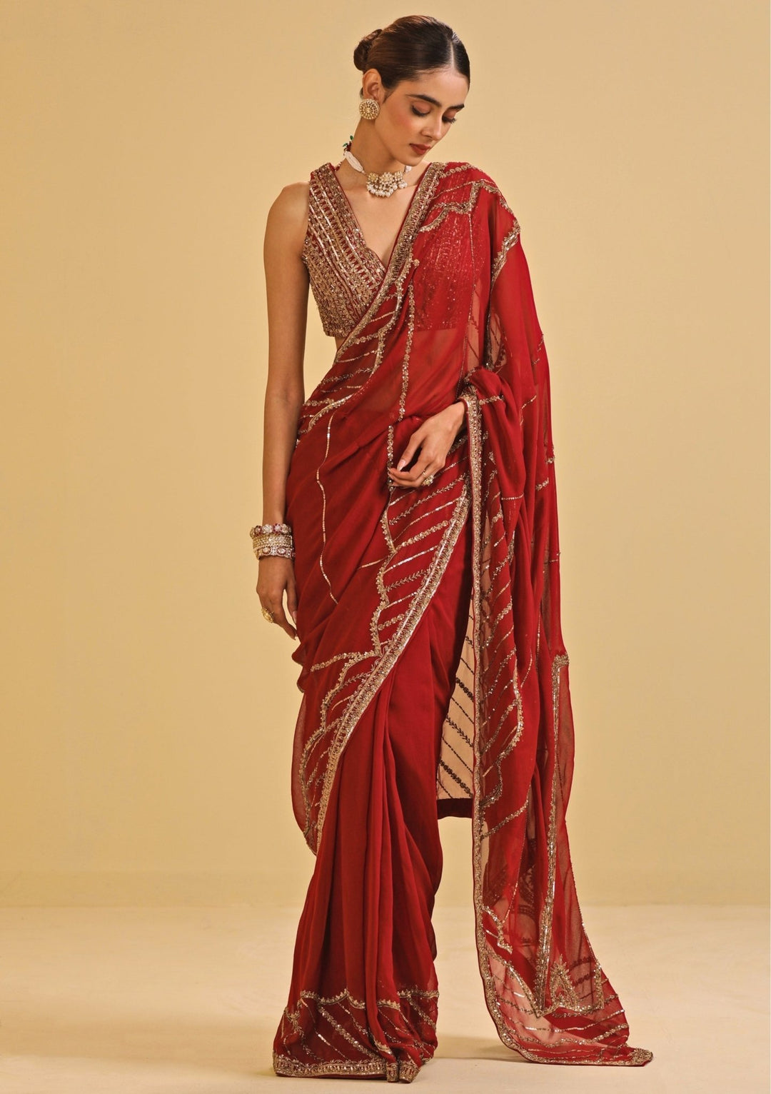 Esha Koul Maroon Red Georgette Saree SetFabilicious Fashion