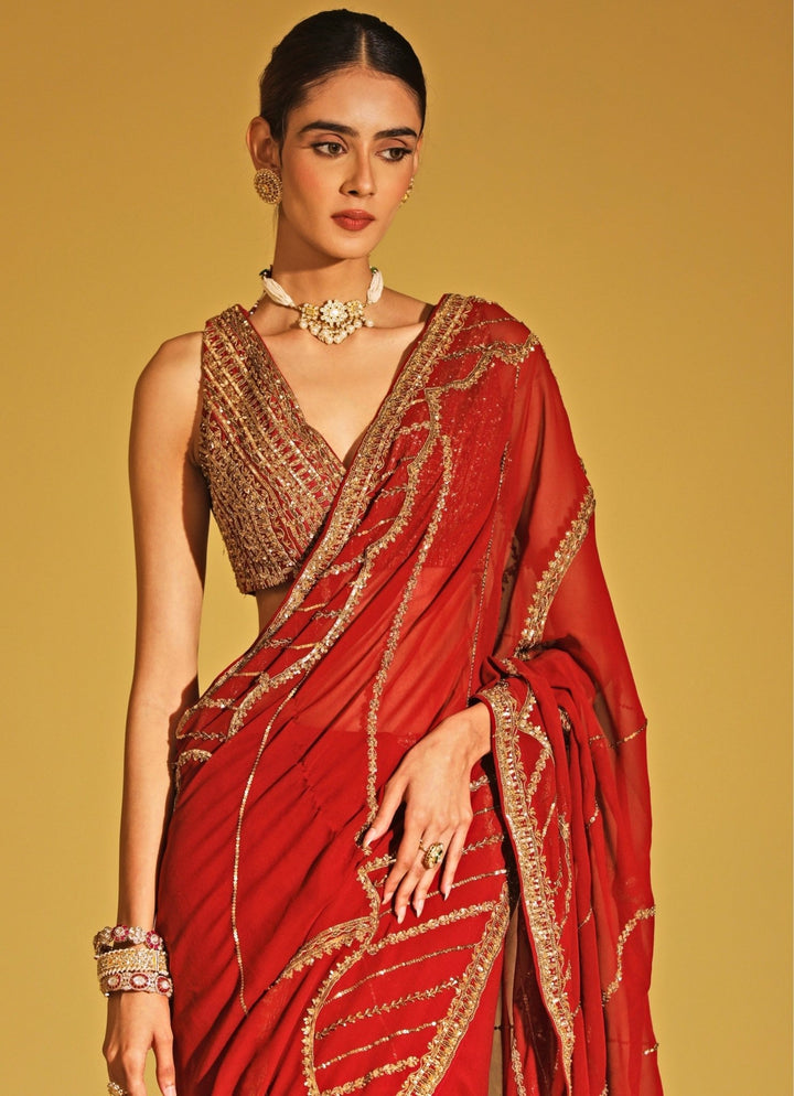 Esha Koul Maroon Red Georgette Saree SetFabilicious Fashion