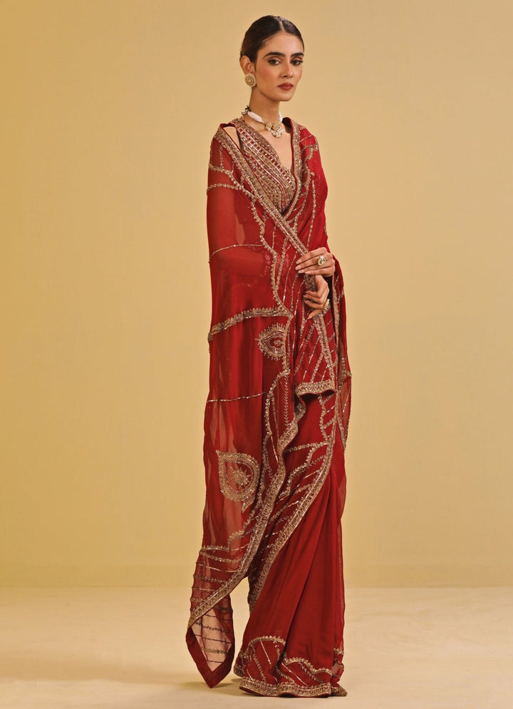 Esha Koul Maroon Red Georgette Saree SetFabilicious Fashion