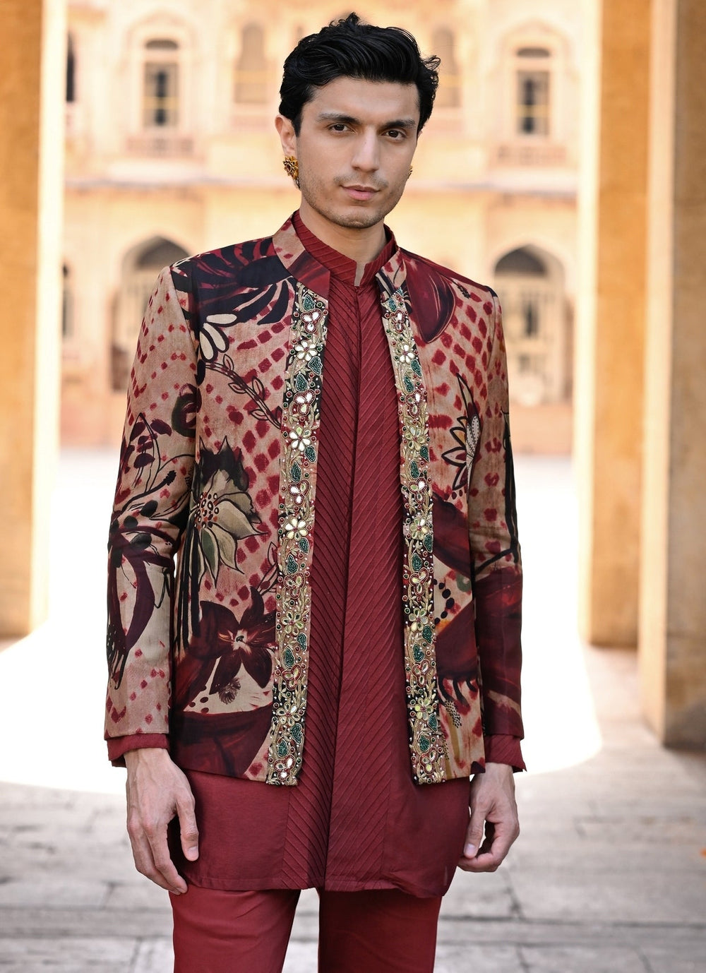 Juhi Bengani - Men Maroon Red Kurta Pants Set with Printed Organza AchkanFabilicious Fashion