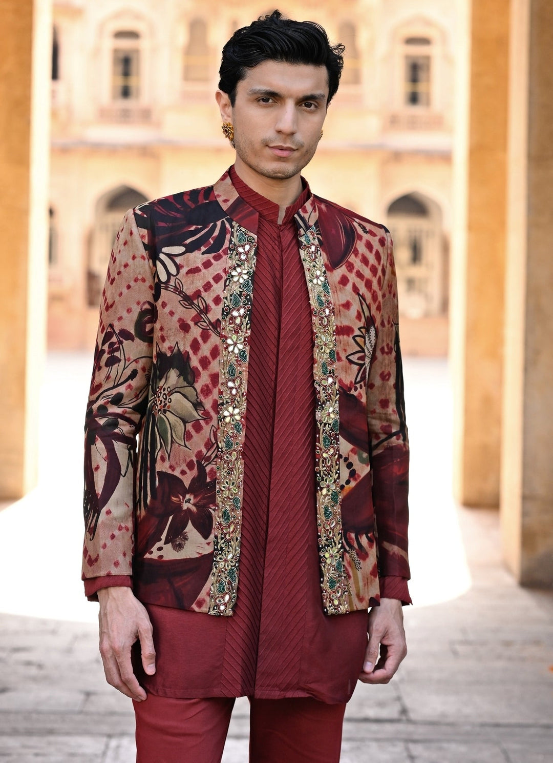 Juhi Bengani - Men Maroon Red Kurta Pants Set with Printed Organza AchkanFabilicious Fashion