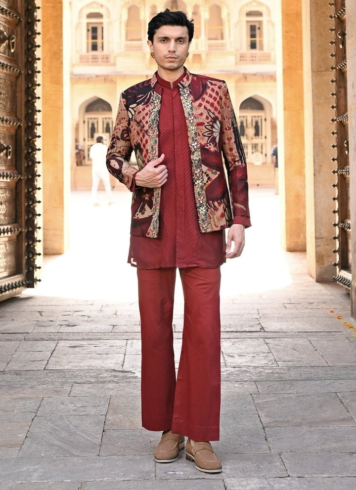 Juhi Bengani - Men Maroon Red Kurta Pants Set with Printed Organza AchkanFabilicious Fashion