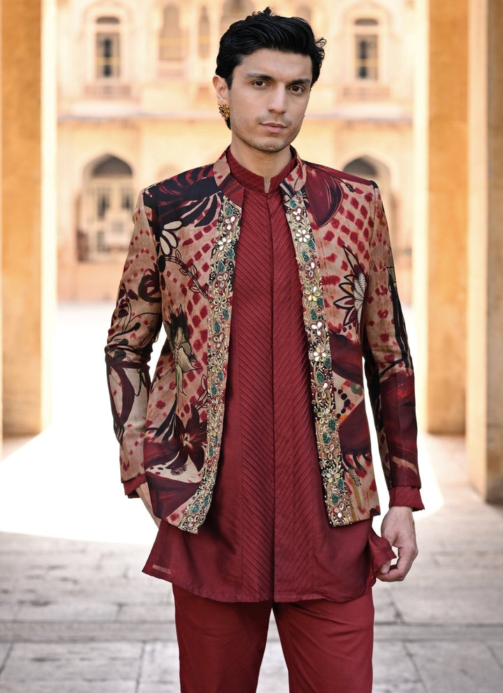 Juhi Bengani - Men Maroon Red Kurta Pants Set with Printed Organza AchkanFabilicious Fashion