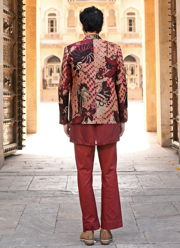 Juhi Bengani - Men Maroon Red Kurta Pants Set with Printed Organza AchkanFabilicious Fashion