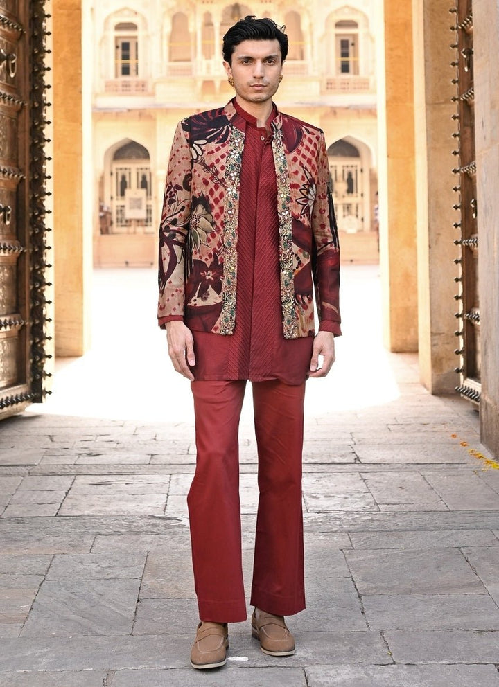 Juhi Bengani - Men Maroon Red Kurta Pants Set with Printed Organza AchkanFabilicious Fashion