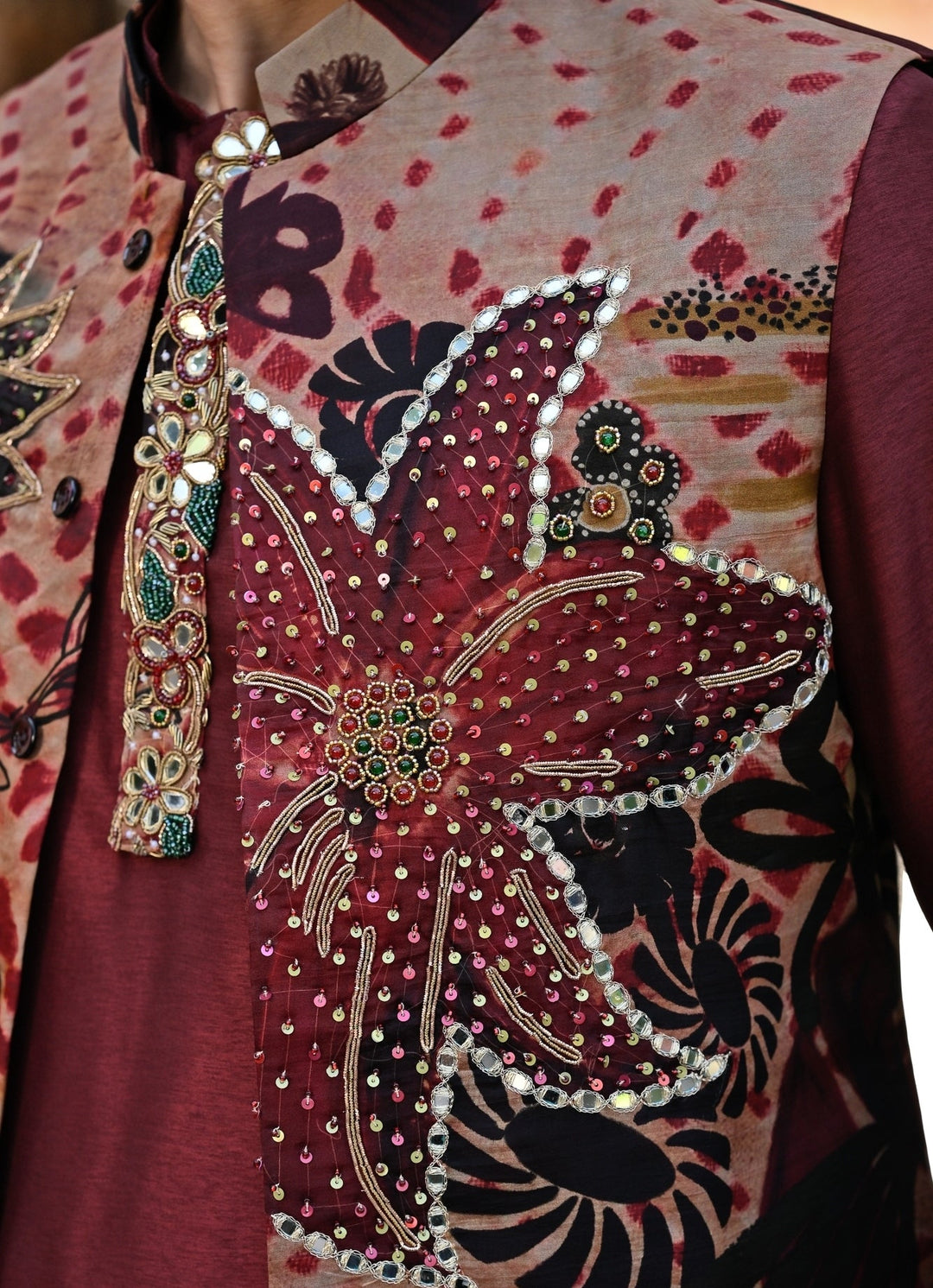 Juhi Bengani - Men Maroon Red Kurta Pants Set with Printed Organza BundiFabilicious Fashion