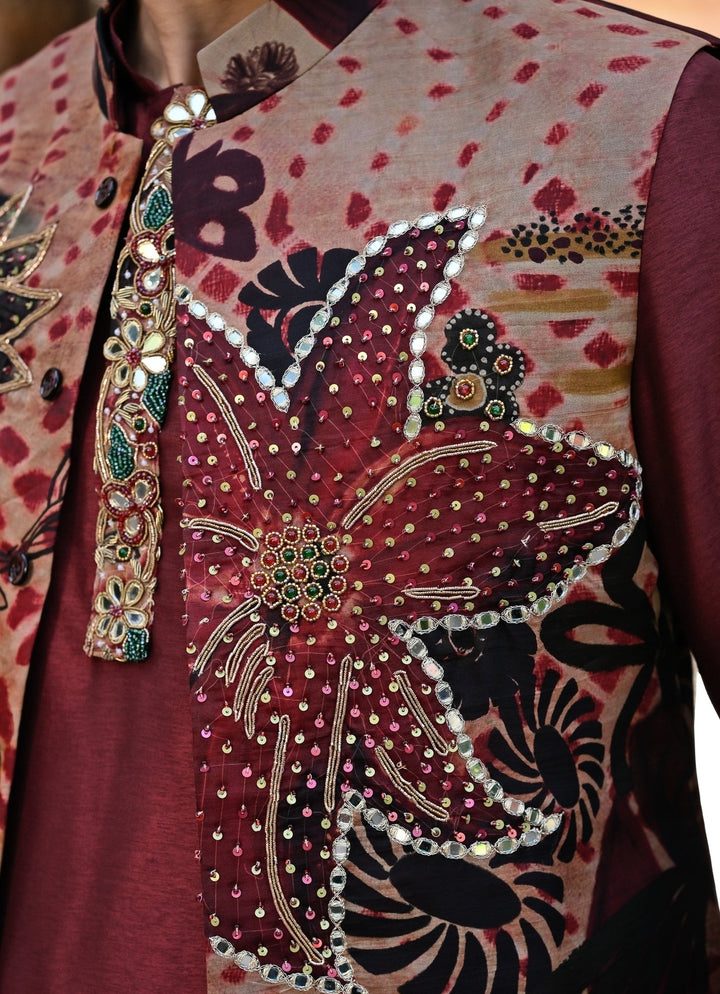 Juhi Bengani - Men Maroon Red Kurta Pants Set with Printed Organza BundiFabilicious Fashion