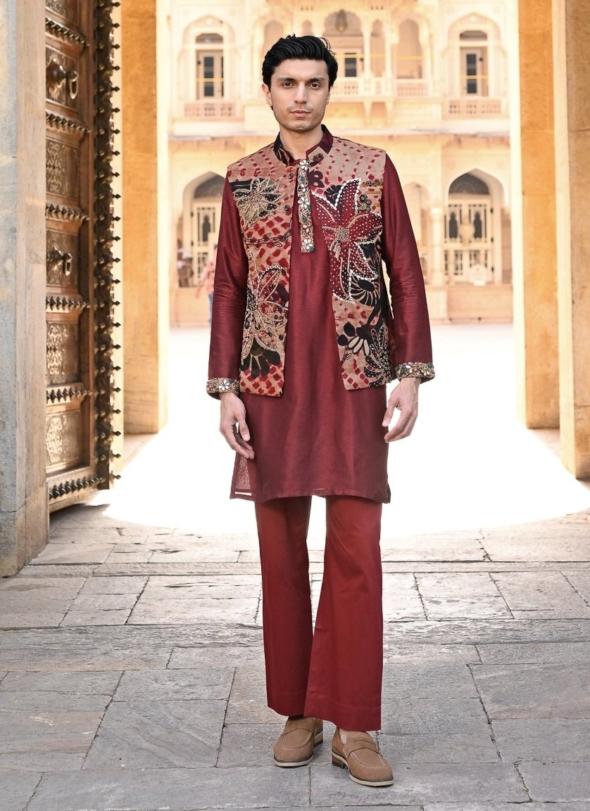 Juhi Bengani - Men Maroon Red Kurta Pants Set with Printed Organza BundiFabilicious Fashion