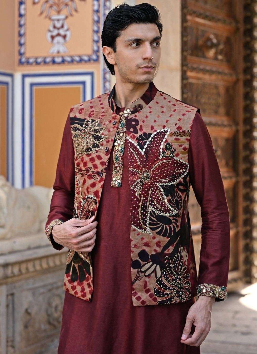 Juhi Bengani - Men Maroon Red Kurta Pants Set with Printed Organza BundiFabilicious Fashion