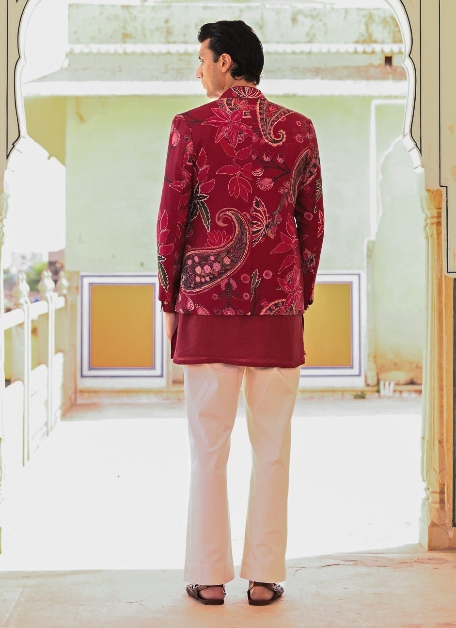 Juhi Bengani - Men Maroon Red Kurta Set with Printed Organza AchkanFabilicious Fashion