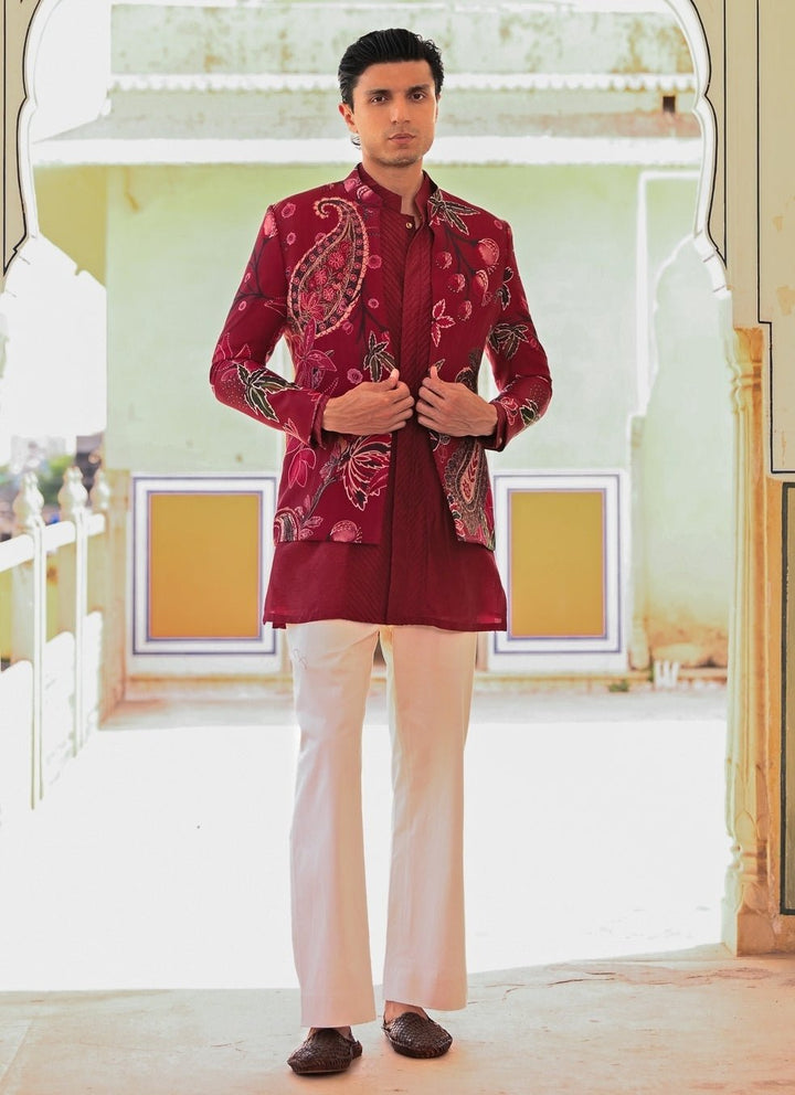 Juhi Bengani - Men Maroon Red Kurta Set with Printed Organza AchkanFabilicious Fashion