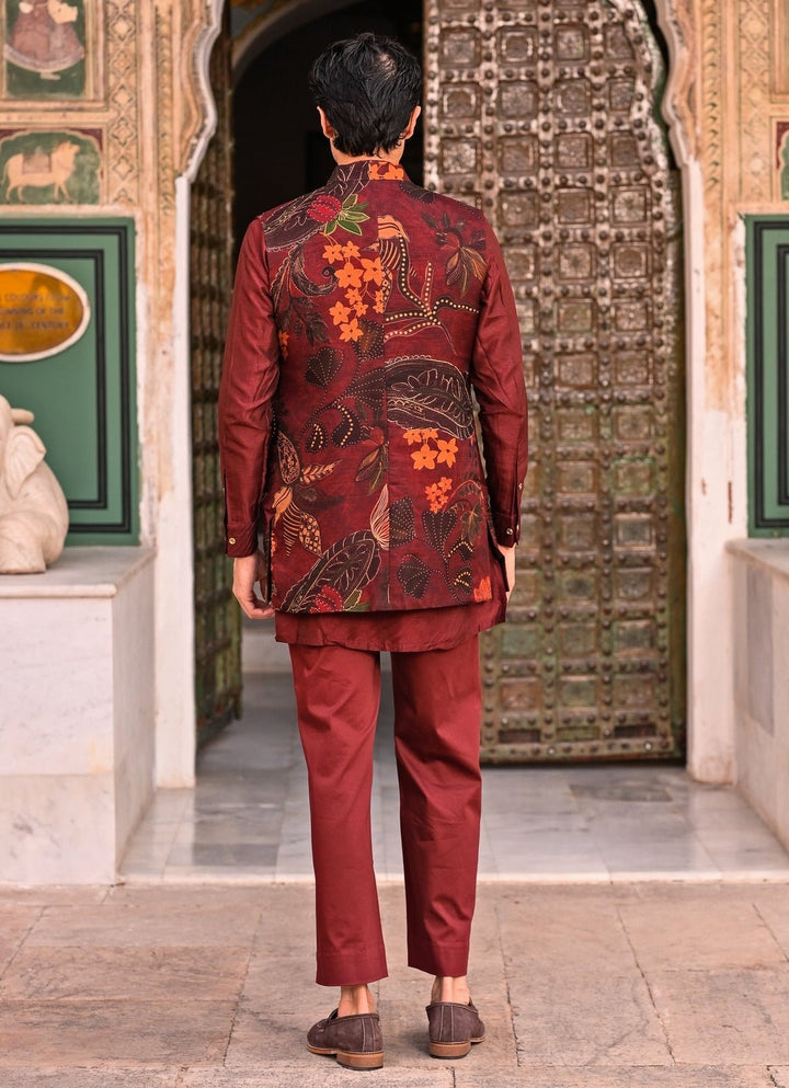 Juhi Bengani - Men Maroon Red Kurta Set with Printed Organza Half JacketFabilicious Fashion