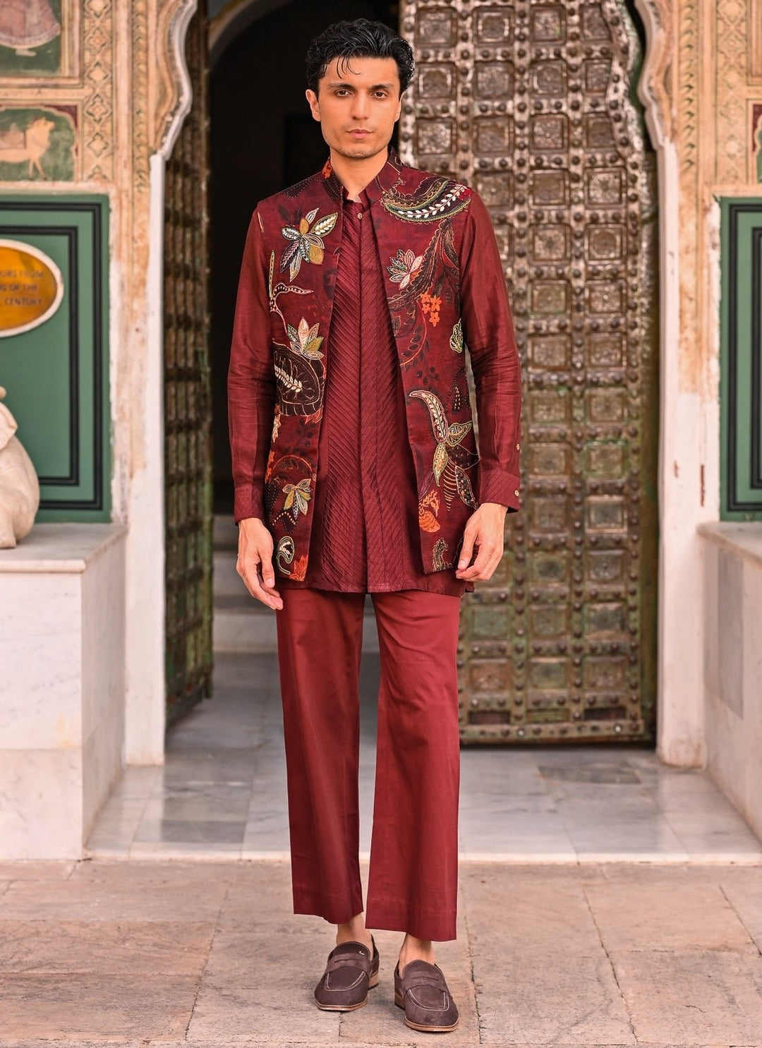 Juhi Bengani - Men Maroon Red Kurta Set with Printed Organza Half JacketFabilicious Fashion