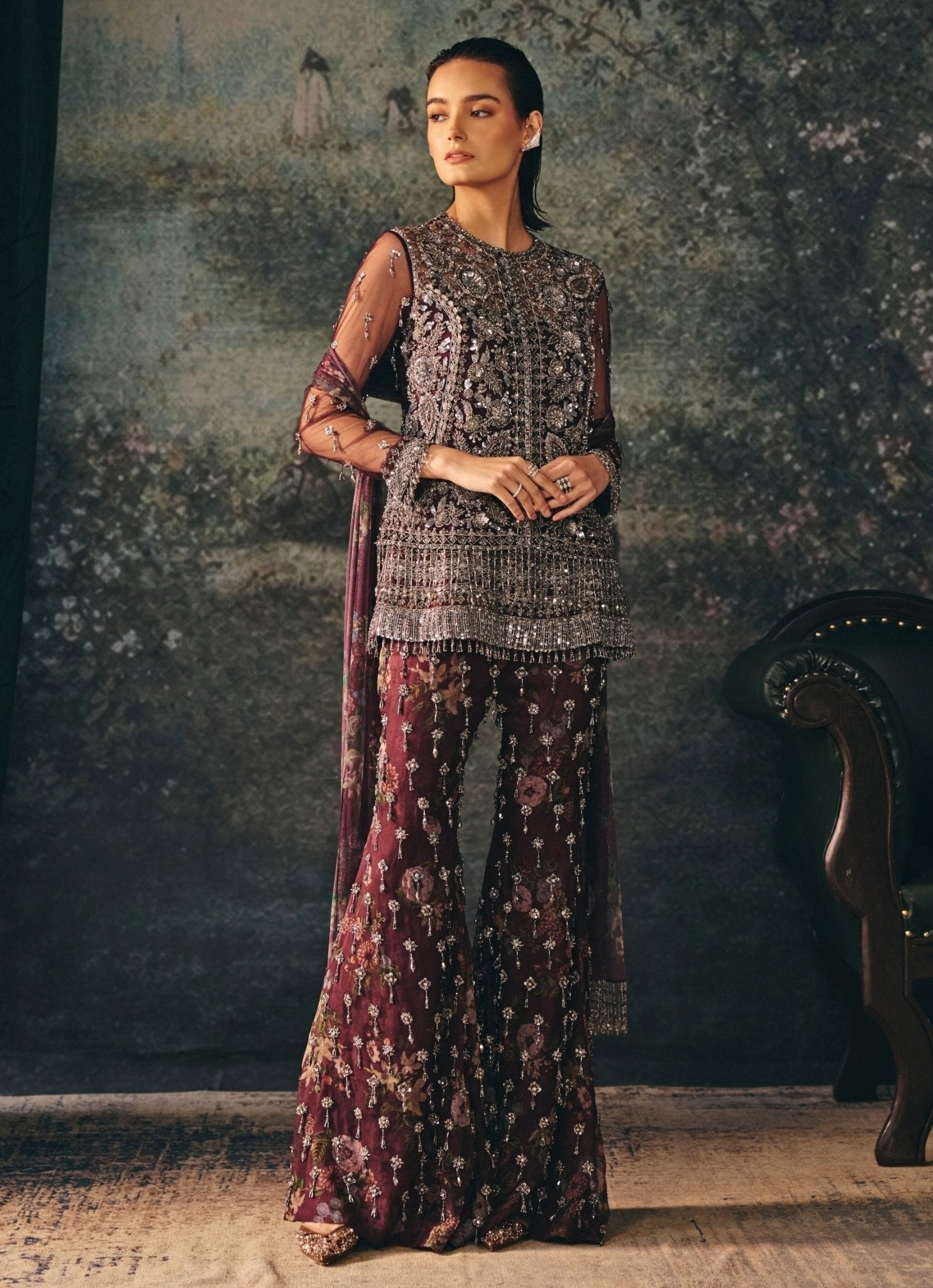 maroon organza kurta sharara set for nikaah wedding guest outfit