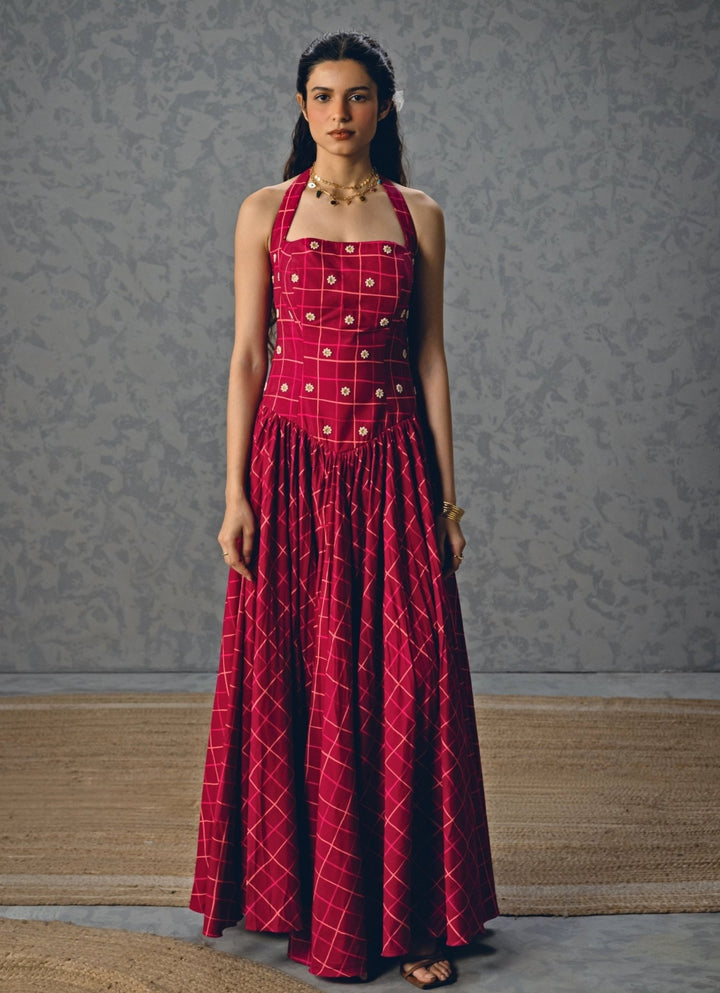 Maroon Red Printed Corset Dress Paulmi and Harsh X Ease - Fabilicious Fashion