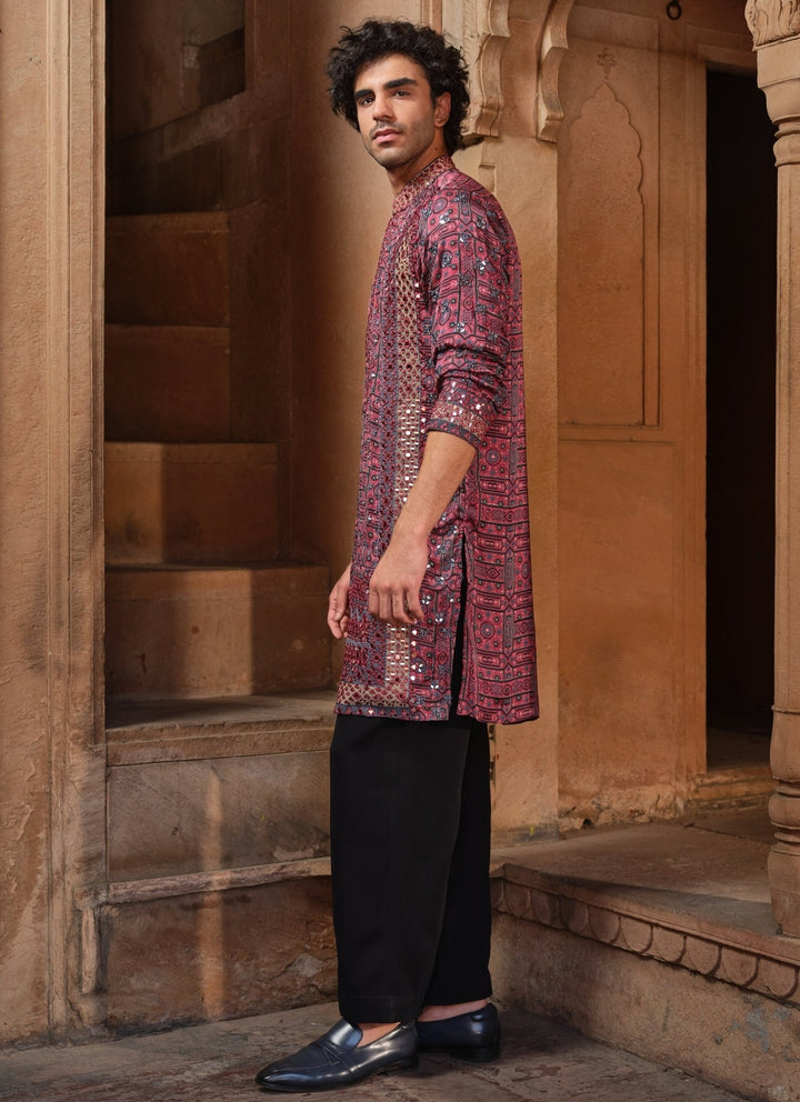 Darzi House Maroon Red Printed Modal Satin Kurta SetFabilicious Fashion