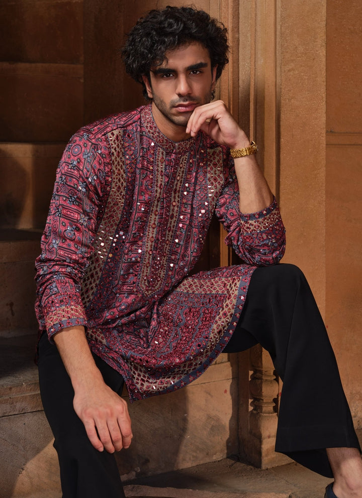 Darzi House Maroon Red Printed Modal Satin Kurta SetFabilicious Fashion