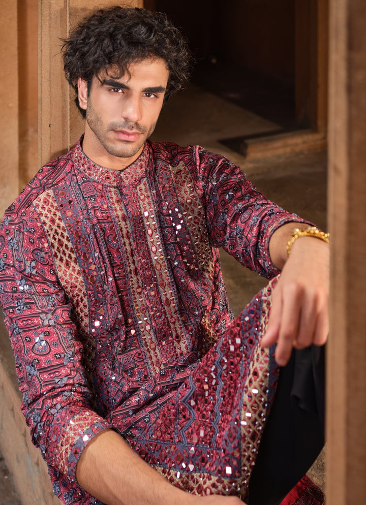 Darzi House Maroon Red Printed Modal Satin Kurta SetFabilicious Fashion