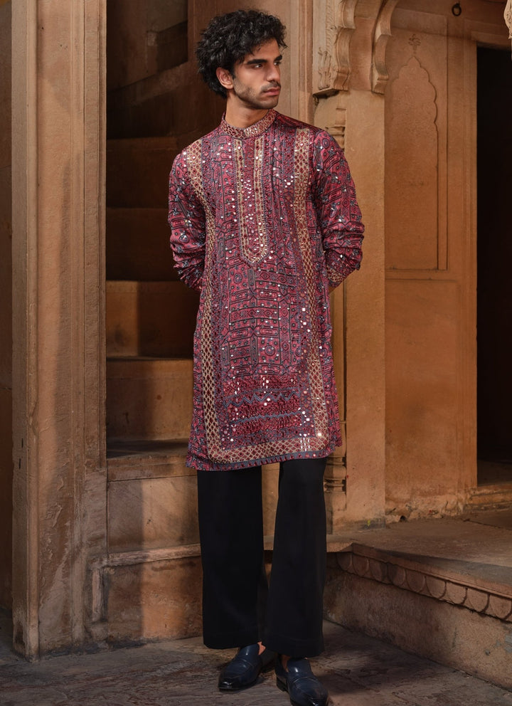 Darzi House Maroon Red Printed Modal Satin Kurta SetFabilicious Fashion