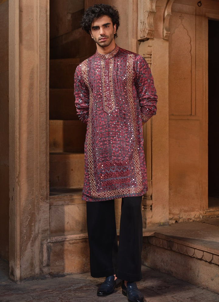 Darzi House Maroon Red Printed Modal Satin Kurta SetFabilicious Fashion