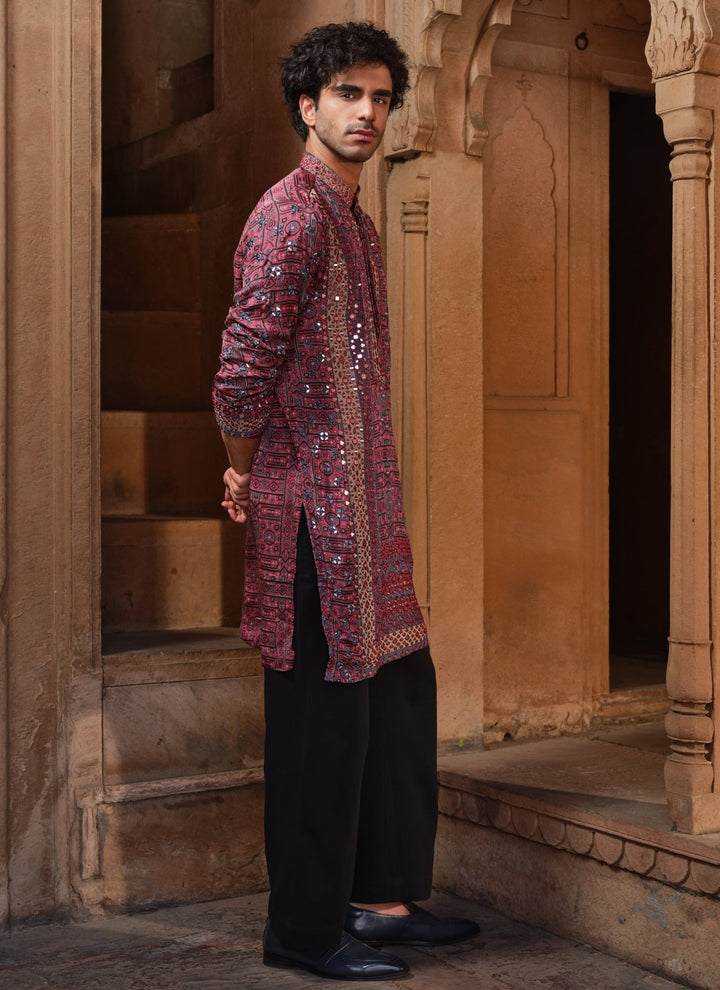Darzi House Maroon Red Printed Modal Satin Kurta SetFabilicious Fashion