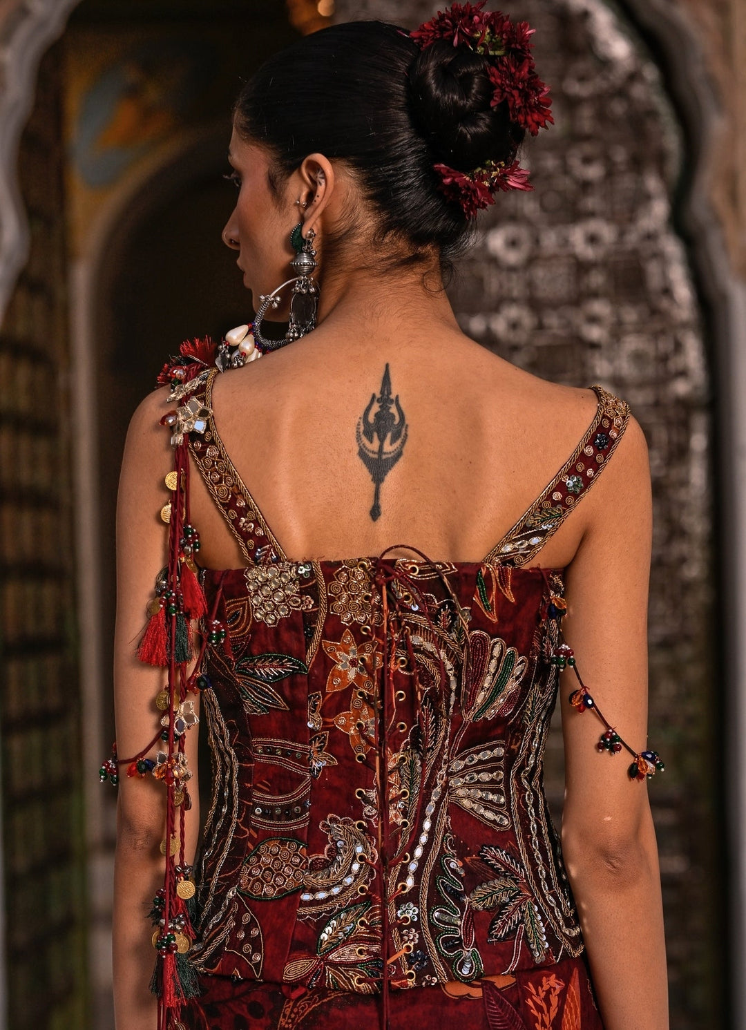 Juhi Bengani Maroon Red Printed Organza Concept Saree With CorsetFabilicious Fashion