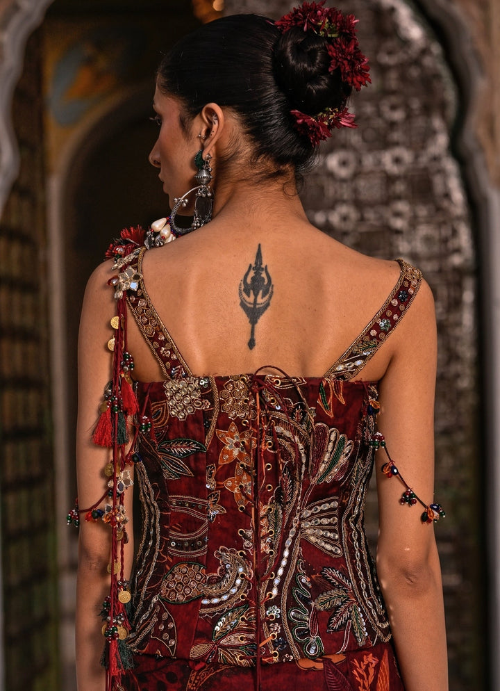 Juhi Bengani Maroon Red Printed Organza Concept Saree With CorsetFabilicious Fashion