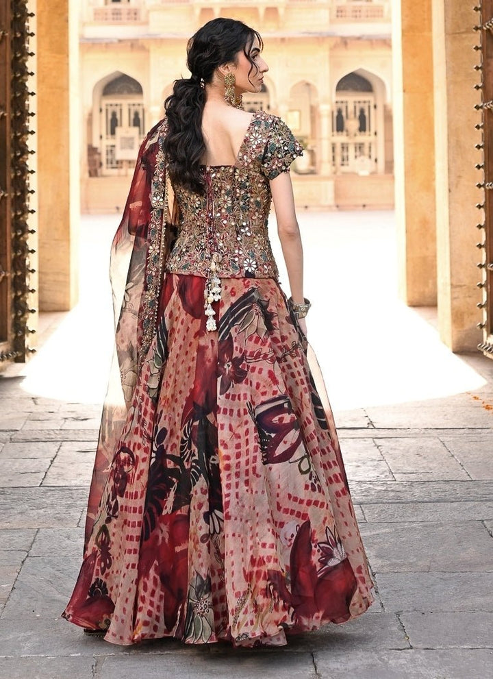 Juhi Bengani Maroon Red Printed Organza Corset Lehenga SetFabilicious Fashion