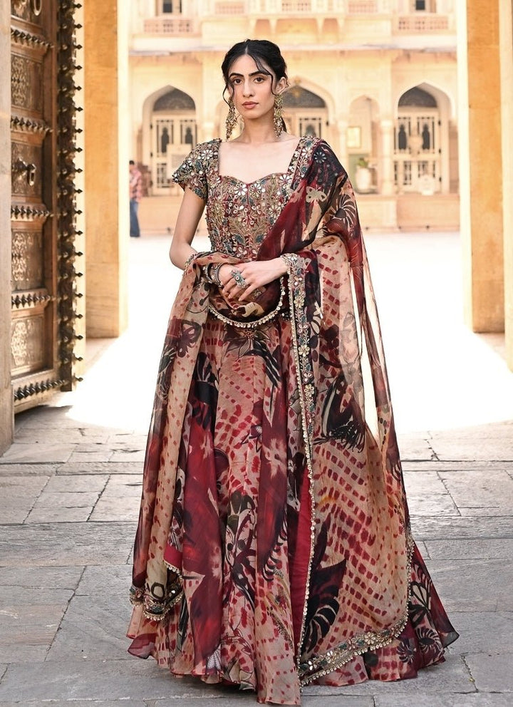 Juhi Bengani Maroon Red Printed Organza Corset Lehenga SetFabilicious Fashion