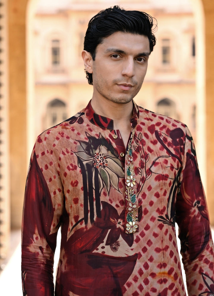 Juhi Bengani - Men Maroon Red Printed Organza Kurta Pants SetFabilicious Fashion