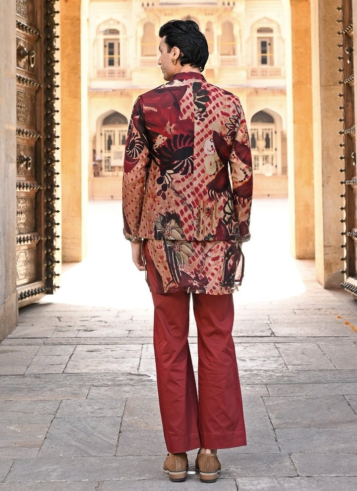 Juhi Bengani - Men Maroon Red Printed Organza Kurta Set with BundiFabilicious Fashion