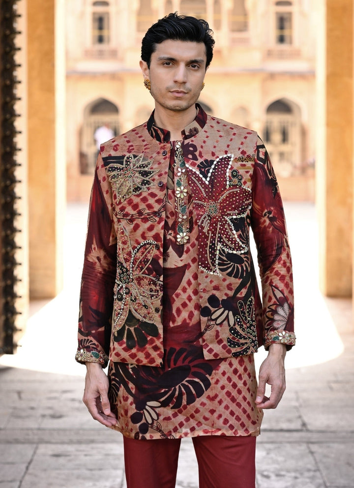 Juhi Bengani - Men Maroon Red Printed Organza Kurta Set with BundiFabilicious Fashion