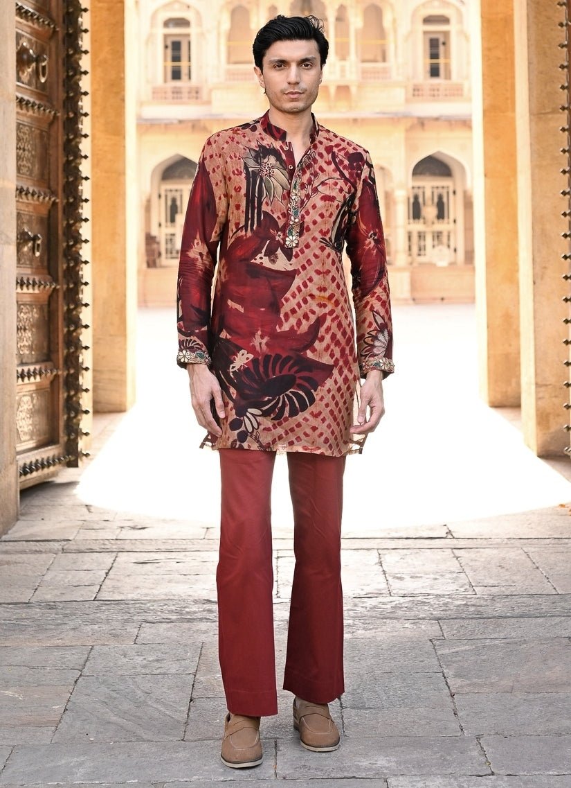 Juhi Bengani - Men Maroon Red Printed Organza KurtaFabilicious Fashion