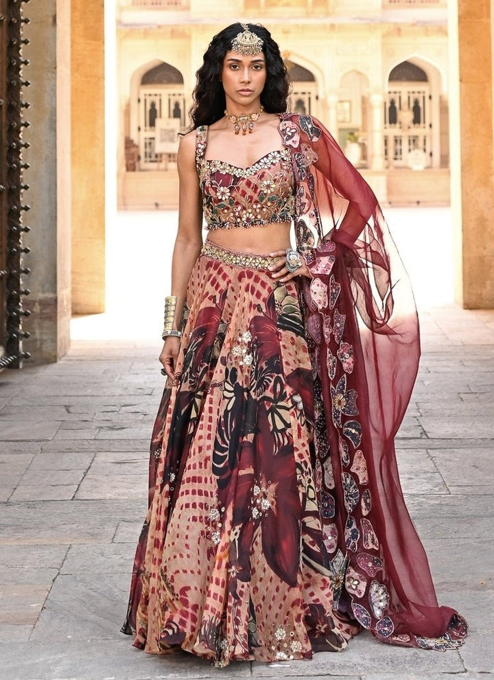 Juhi Bengani Maroon Red Printed Organza Lehenga SetFabilicious Fashion