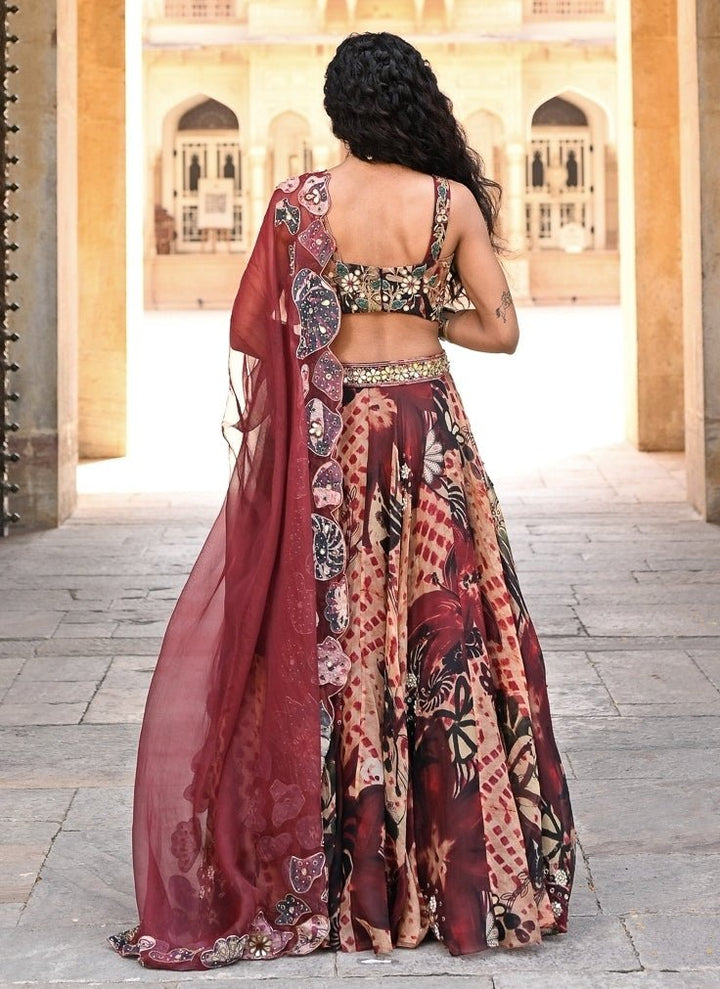 Juhi Bengani Maroon Red Printed Organza Lehenga SetFabilicious Fashion