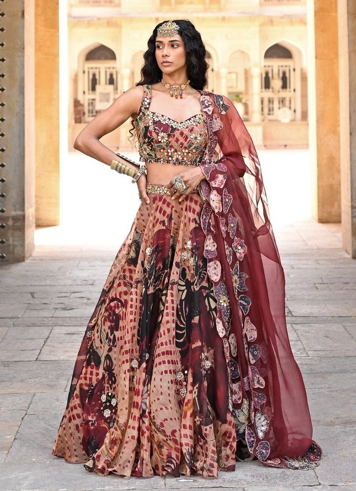 Juhi Bengani Maroon Red Printed Organza Lehenga SetFabilicious Fashion