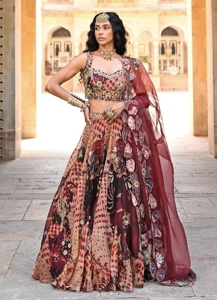 Juhi Bengani Maroon Red Printed Organza Lehenga SetFabilicious Fashion