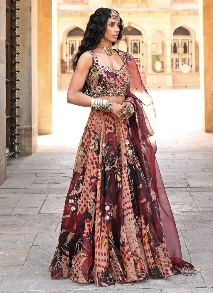 Juhi Bengani Maroon Red Printed Organza Lehenga SetFabilicious Fashion