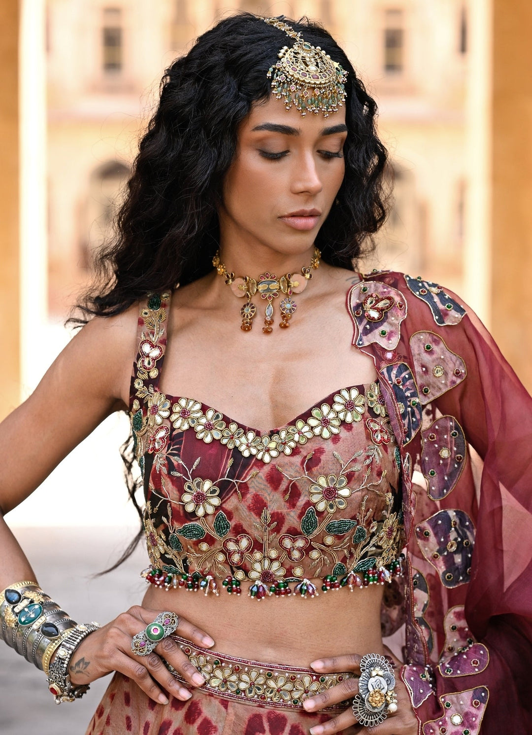 Juhi Bengani Maroon Red Printed Organza Lehenga SetFabilicious Fashion