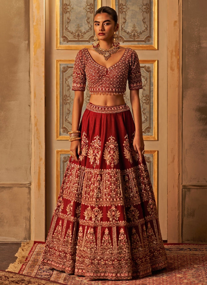 Maroon Red Raw Silk Bridal Lehenga Set With Double Dupatta Angad Singh - Fabilicious Fashion