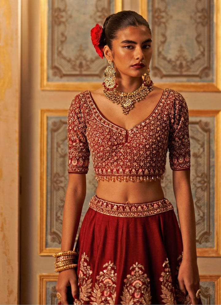 Maroon Red Raw Silk Bridal Lehenga Set With Double Dupatta Angad Singh - Fabilicious Fashion