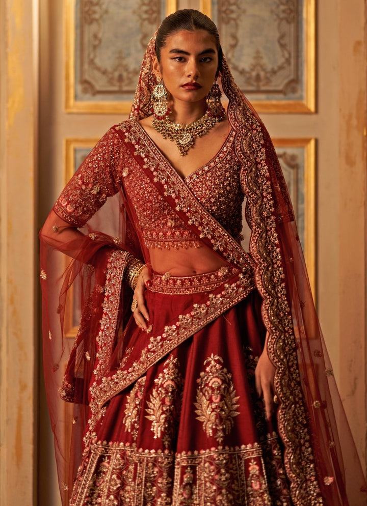 Maroon Red Raw Silk Bridal Lehenga Set With Double Dupatta Angad Singh - Fabilicious Fashion